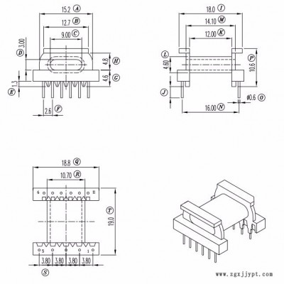 EPC19高頻變壓器LCP材質(zhì)骨架 直插臥式5+6針 排距=16mm尺寸