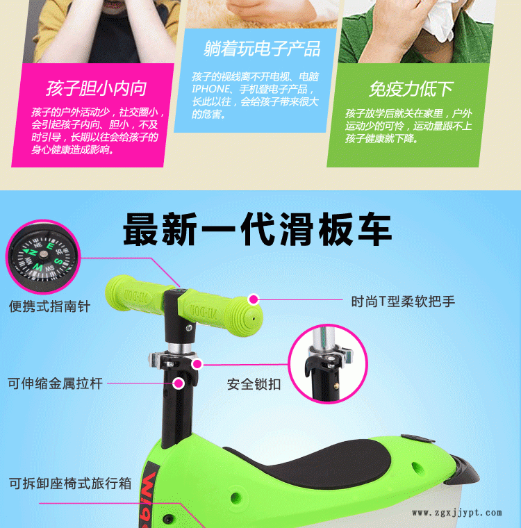 滑板車三合一儲物箱旅行箱兒童帶座滑板車可調(diào)節(jié)閃光PU輪示例圖5